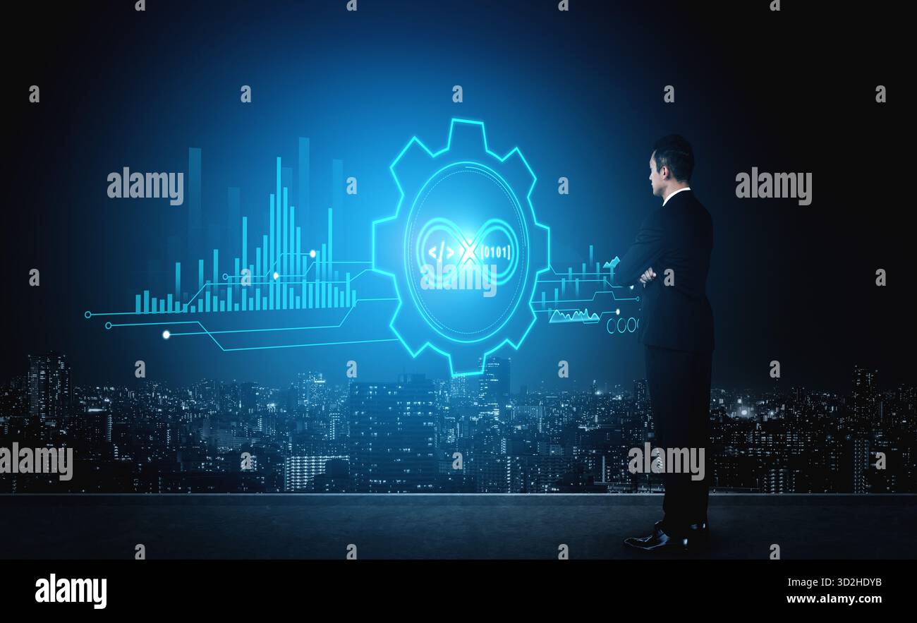 Méthodologie DevOps pour le développement de logiciels et les opérations INFORMATIQUES. L'automatisation du pipeline ci CD améliore le flux de travail et augmente l'efficacité du développement Banque D'Images