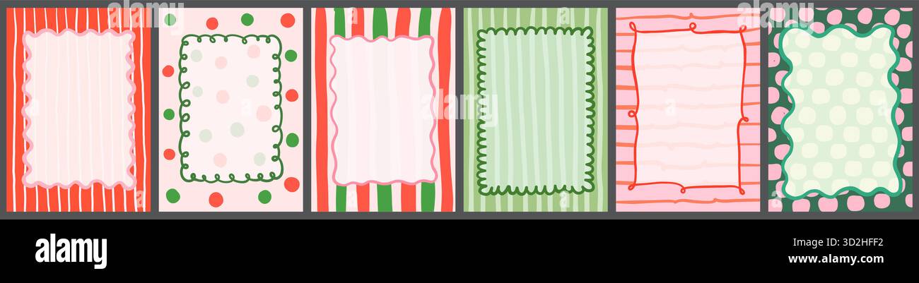 Cadres ondulés de Noël rouges, verts et roses avec des pois et des rayures pour invitations, arrière-plans, menus et dessins pour enfants Illustration de Vecteur