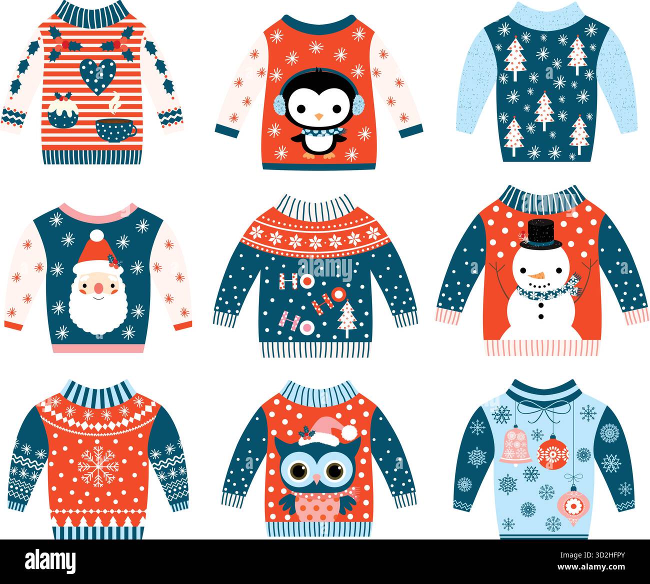 Einter et Cristmas vecteur laid et mignon pulls dans le style plat dans les couleurs bleues et rouges avec hibou Illustration de Vecteur