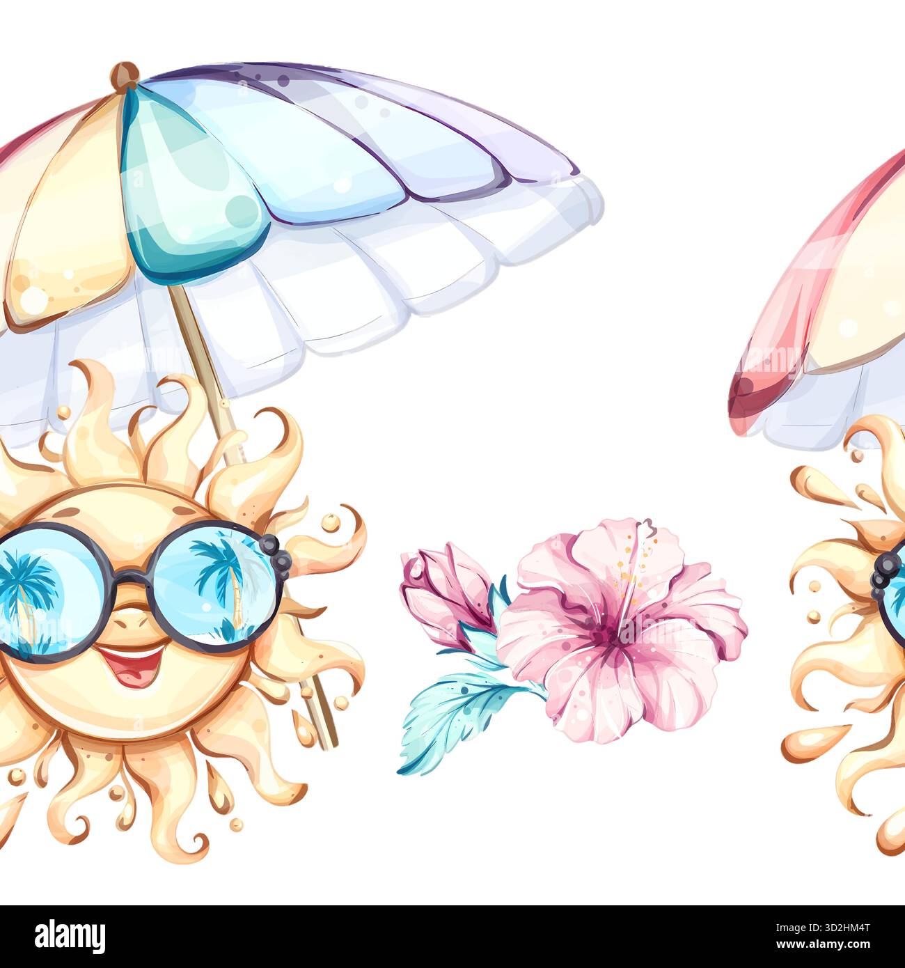 Motif sans couture d'été coloré avec soleil joyeux, parapluies et fleurs tropicales pour des fonds d'écran et des fonds d'écran vibrants Illustration de Vecteur