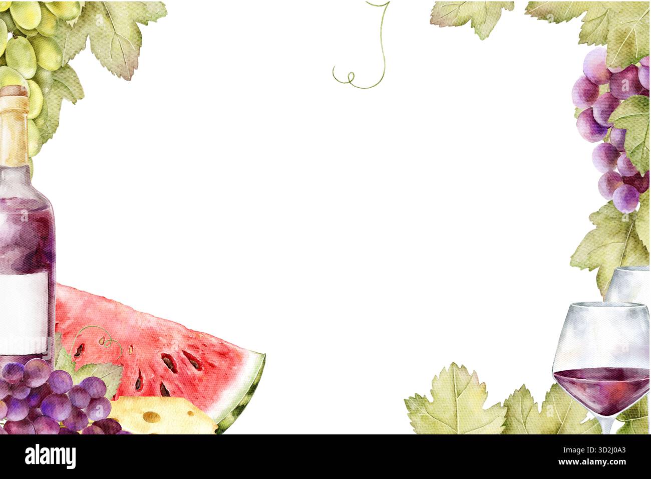 Cadre de pique-nique aquarelle avec grappes de raisins rouges, fromage, bouteille de vin rouge, verres de vin et tranche de pastèque, feuilles de vigne. Idéal pour pique-nique invit Banque D'Images
