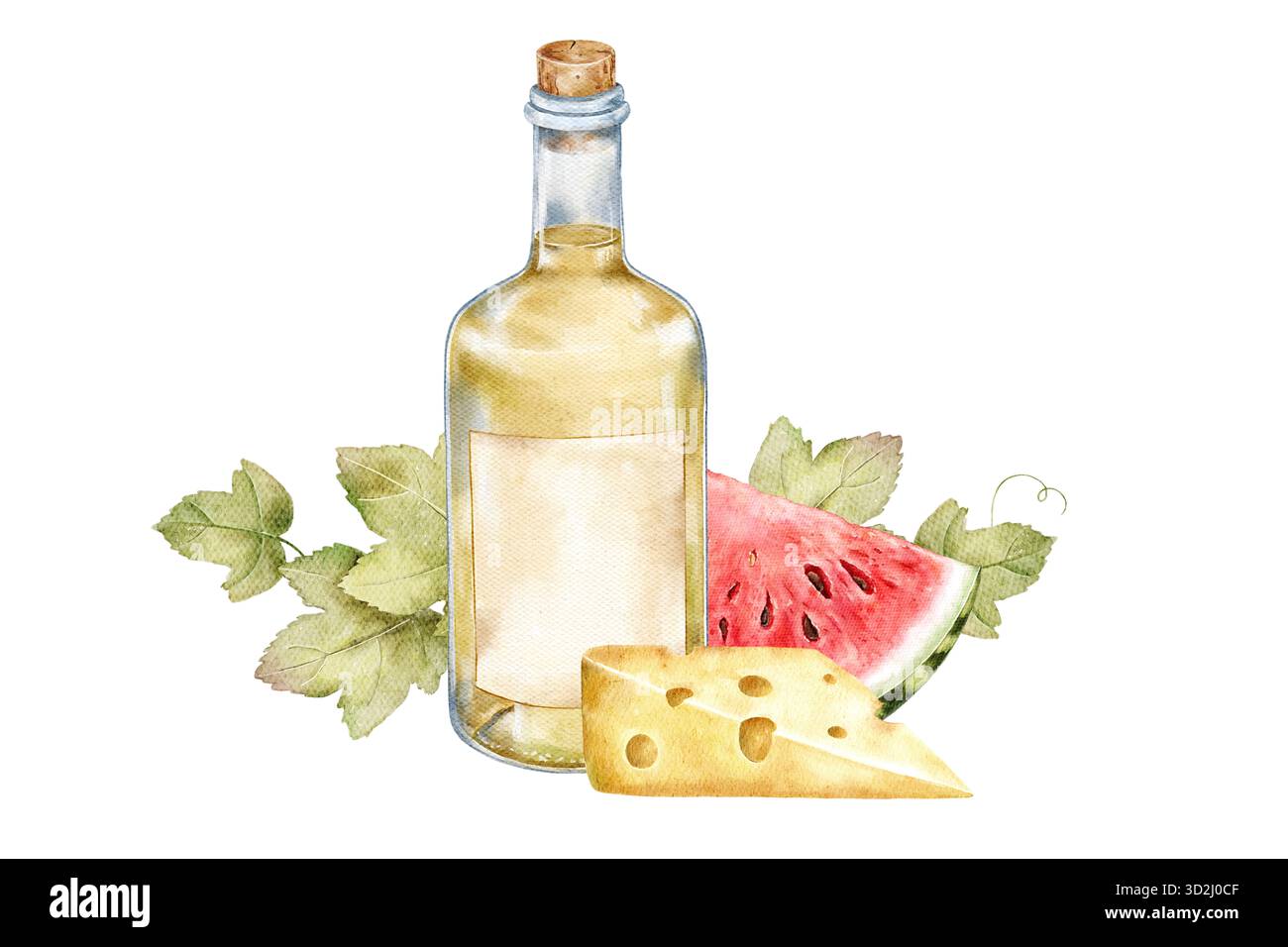 Composition de pique-nique aquarelle avec bouteille de vin blanc, tranche de fromage, pastèque et feuilles de vigne verte. Elégante nature morte d'été parfait pour pique-nique de Banque D'Images