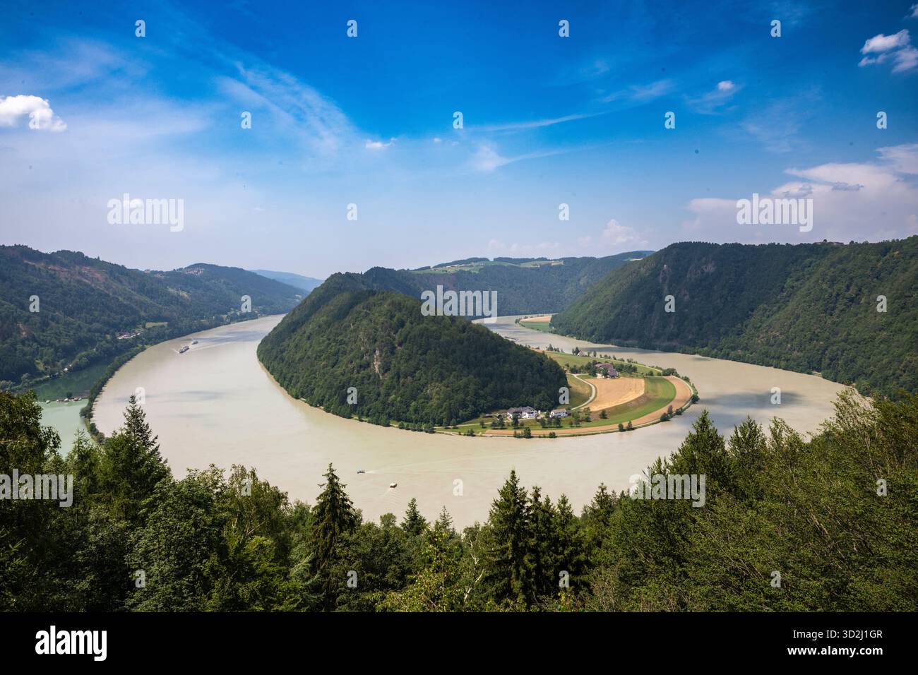 Vue imprenable sur la boucle du Danube depuis le pont d'observation Schlögener View. Banque D'Images
