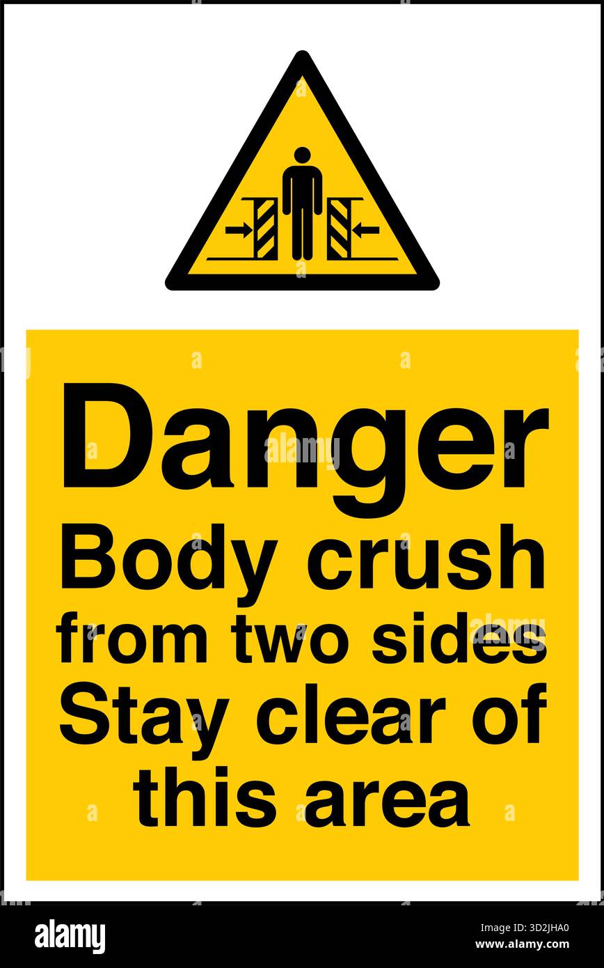 Signe de sécurité – Force d'écrasement de la carrosserie des deux côtés avertit des risques d'écrasement potentiels lorsque des machines ou des objets se déplacent dans des directions opposées. Illustration de Vecteur