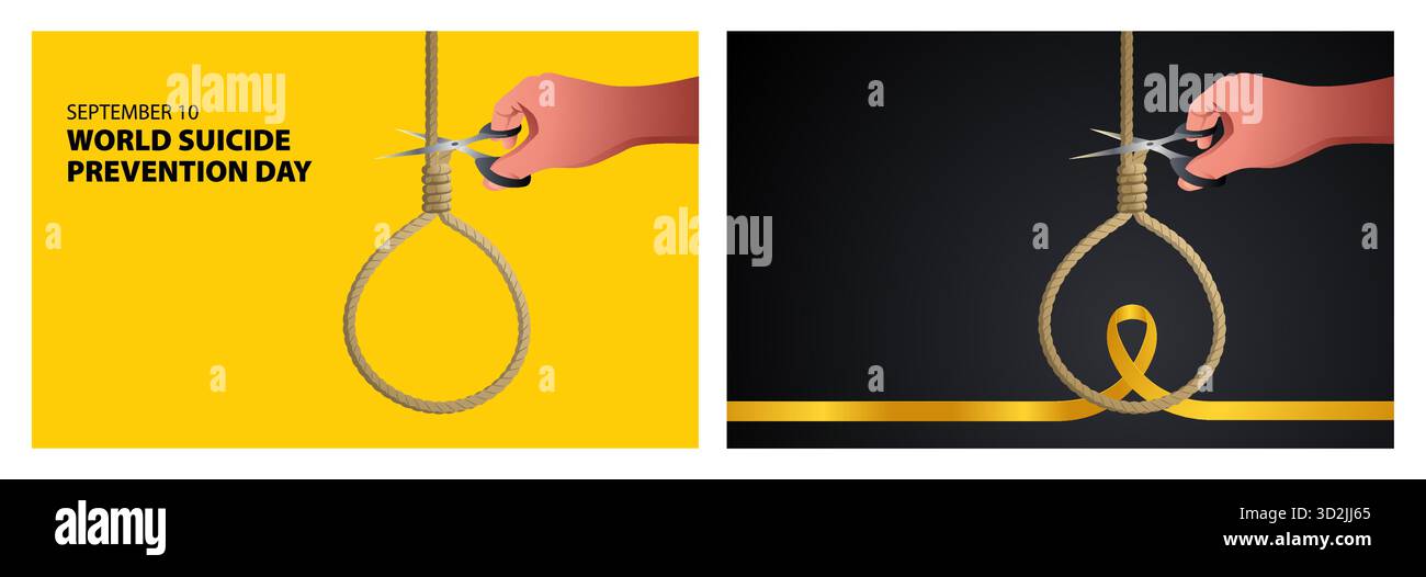 Concept de Journée mondiale de prévention du suicide. Couper la corde de nœud avec ruban de sensibilisation, métaphore visuelle puissante pour sauver des vies, briser la stigmatisation du ment Illustration de Vecteur