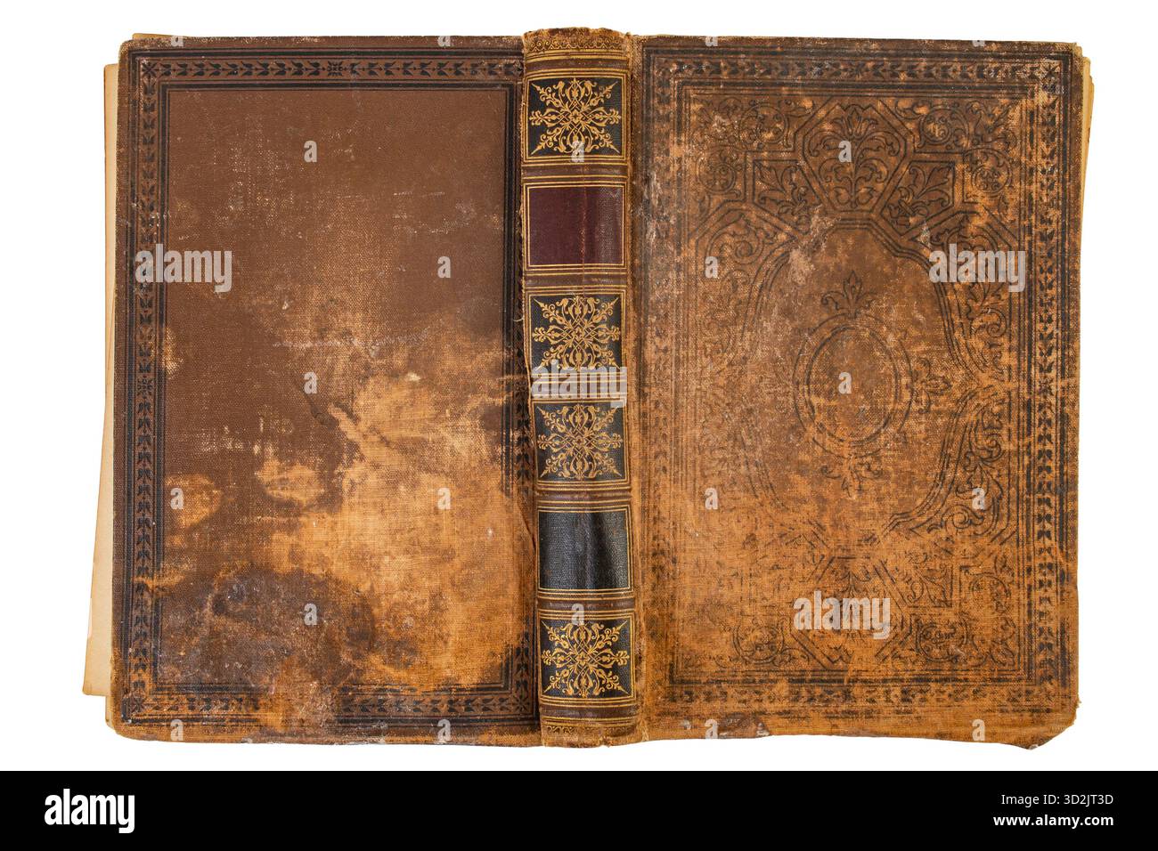 Couverture rigide de livre vintage vide face vers le bas, texture tachée à l'avant et à l'arrière isolée Banque D'Images