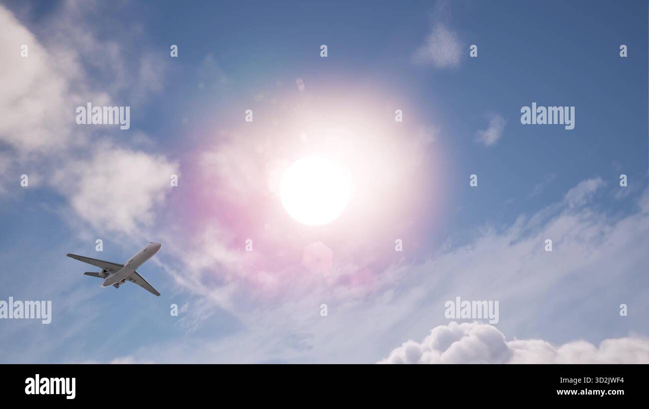 Avion volant sur l'arrière-plan du rendu Sun 3D. Banque D'Images