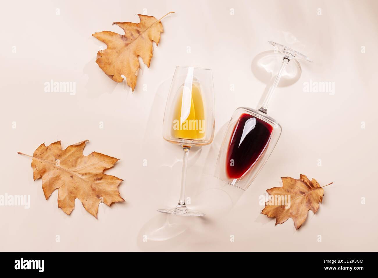 Verres à vin avec des feuilles d'automne sur fond beige, composition d'automne Banque D'Images