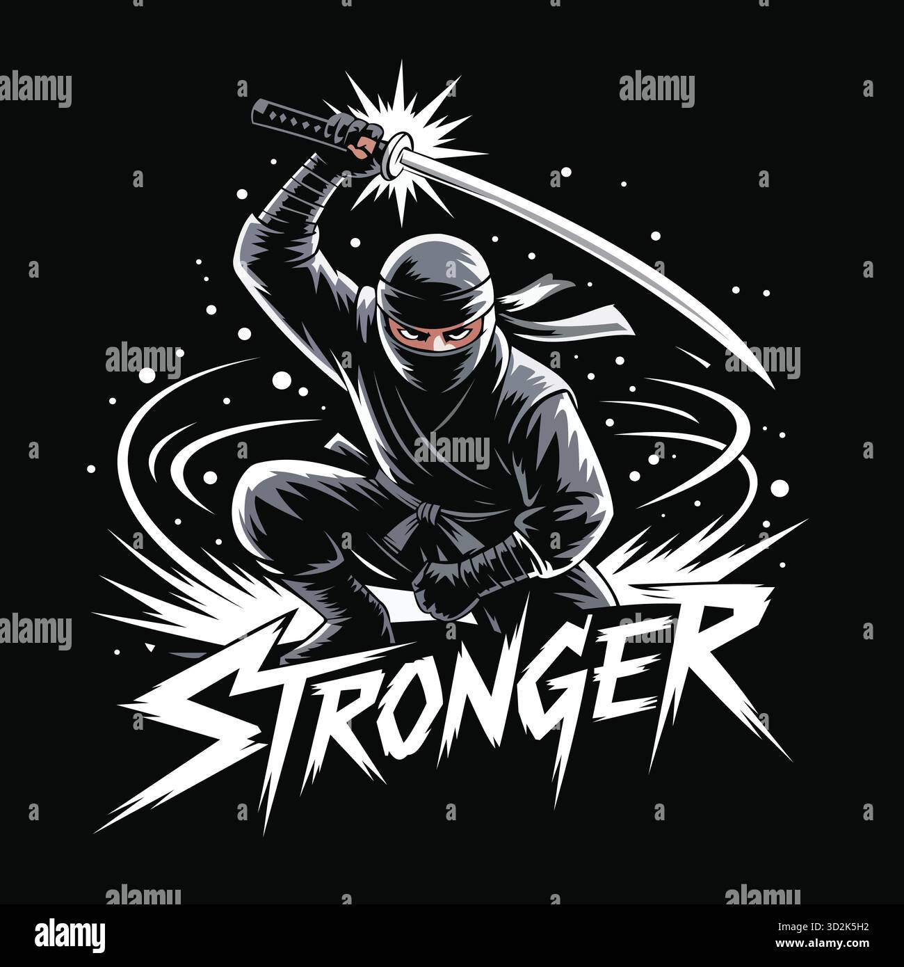 Cette illustration dynamique présente un puissant ninja en action, brandissant une épée avec précision et compétence. La figurine est placée contre un dos noir audacieux Illustration de Vecteur