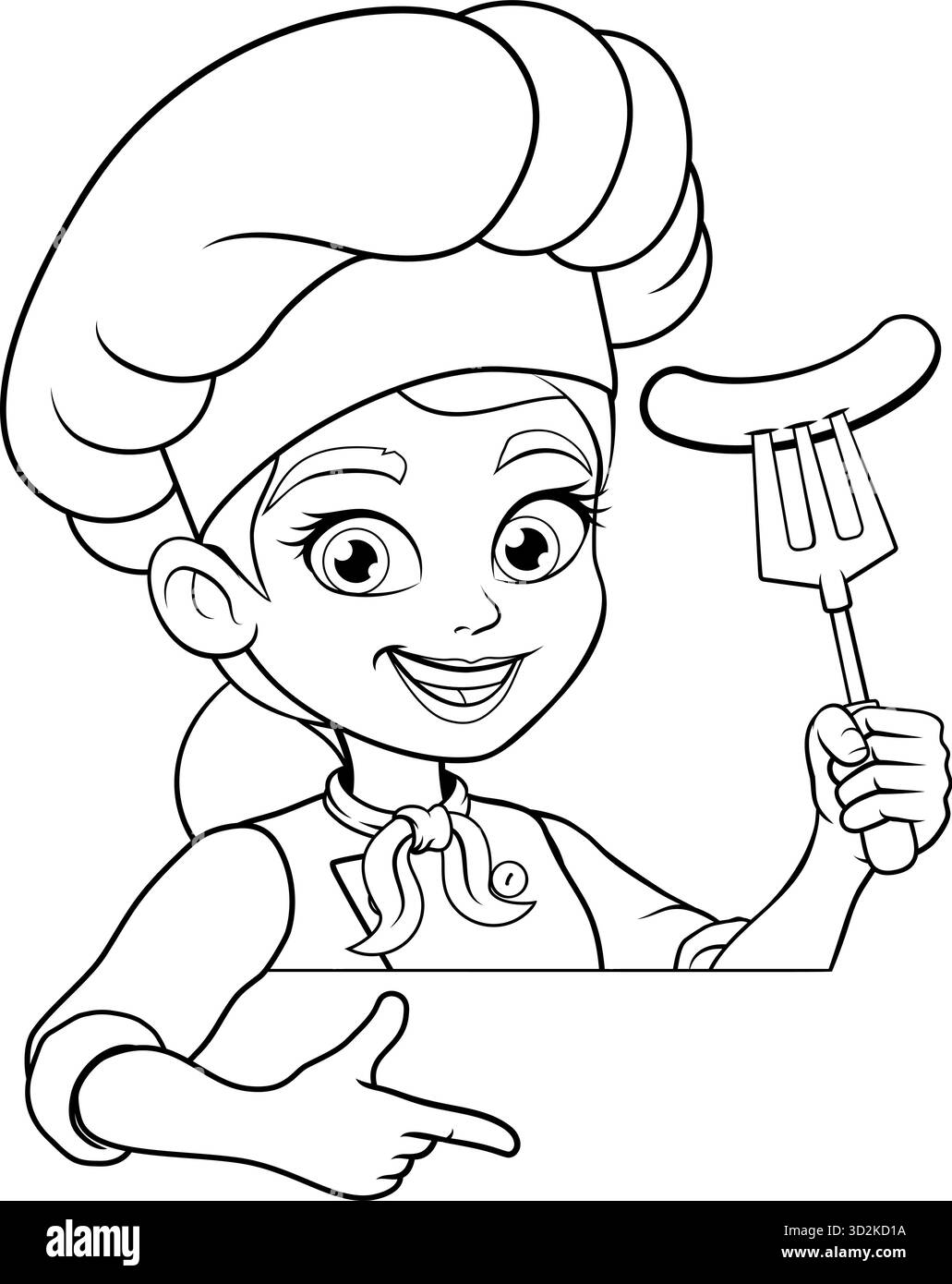 Femme chef de dessin animé tenant la saucisse sur la fourchette Illustration de Vecteur