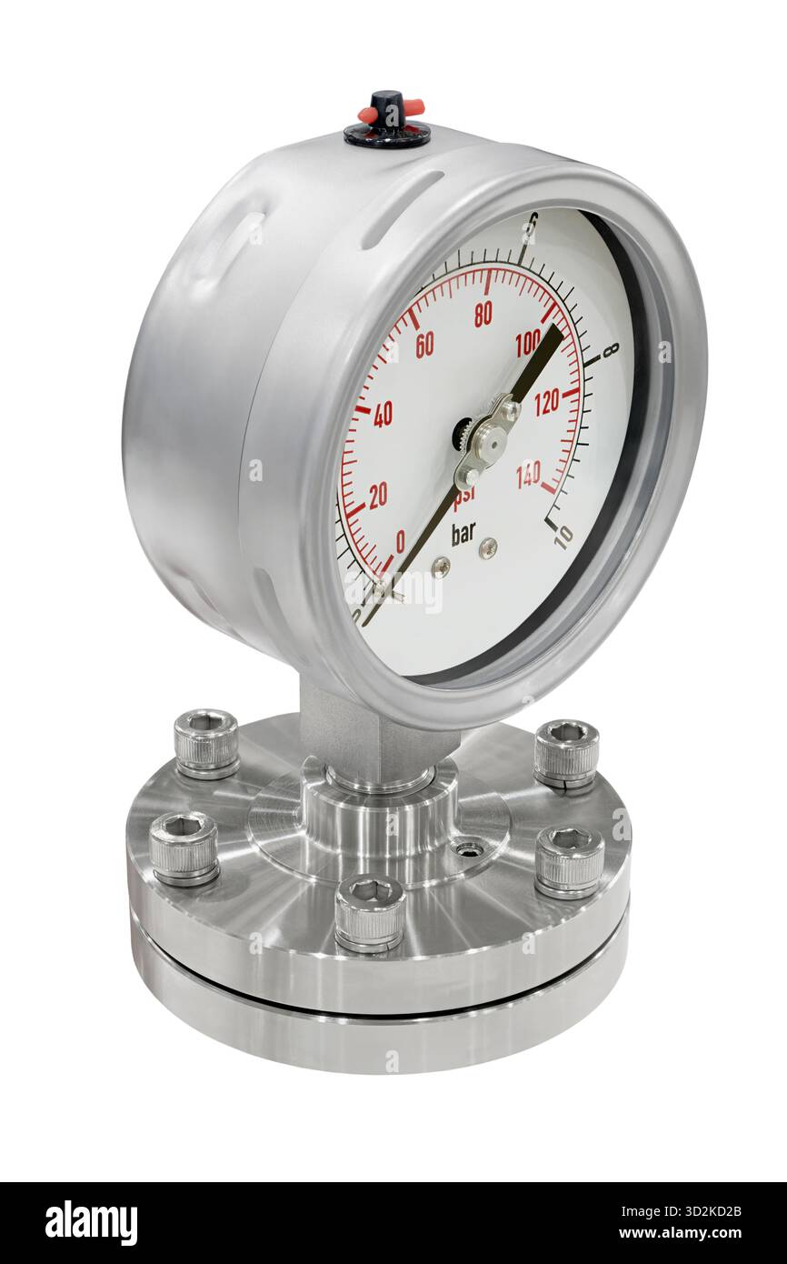 Manomètre analogique mécanique générique, un appareil de mesure de pression, isolé sur fond blanc Banque D'Images