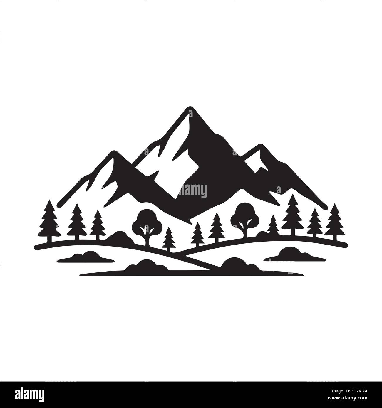 Icône paysage de montagne avec arbres, collines et sommets Illustration de Vecteur
