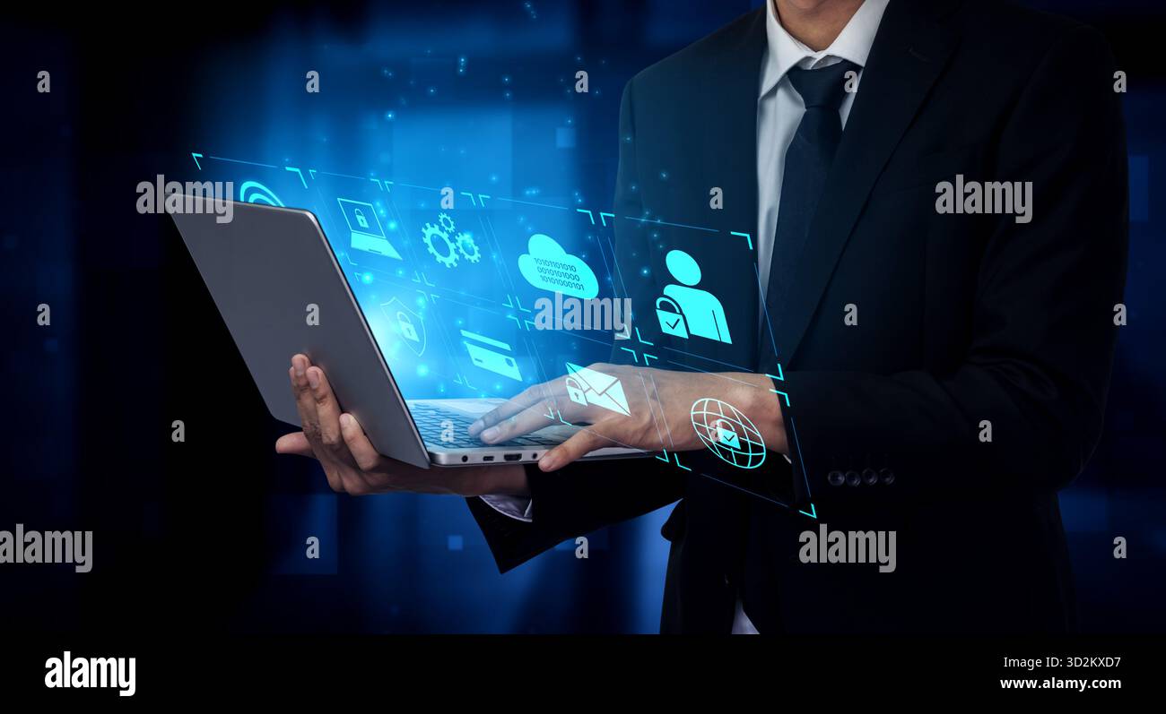 Système de protection de l'identité numérique utilisant l'authentification par empreintes digitales, le cryptage et des protocoles d'accès sécurisé sur le cloud, l'appareil et le personnel Banque D'Images