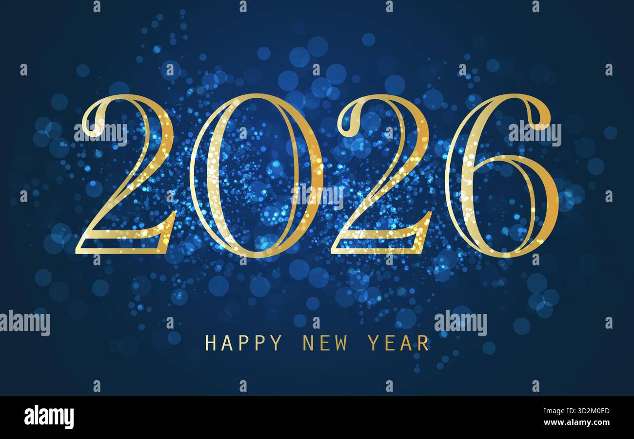 Carte bleue et dorée du nouvel an, typographie, fond avec grands chiffres et effet Bokeh - illustration en format vectoriel modifiable - 2026 Illustration de Vecteur