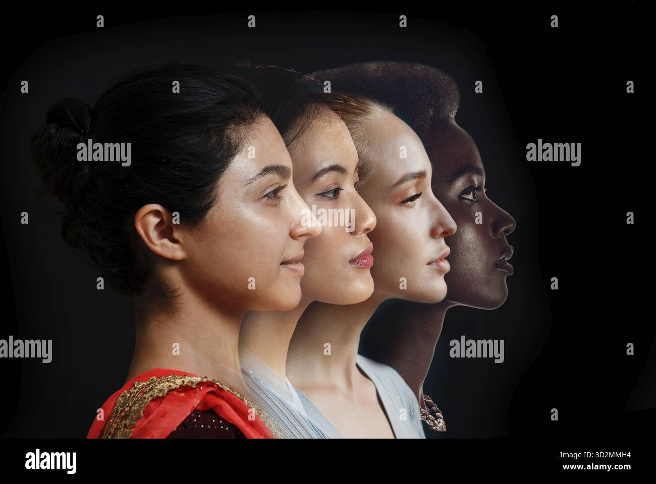 Femme caucasienne, femme afro-américaine et femme indienne portrait. Égalité des Nations. Plusieurs races différentes femmes personnes concept d'amitié Banque D'Images