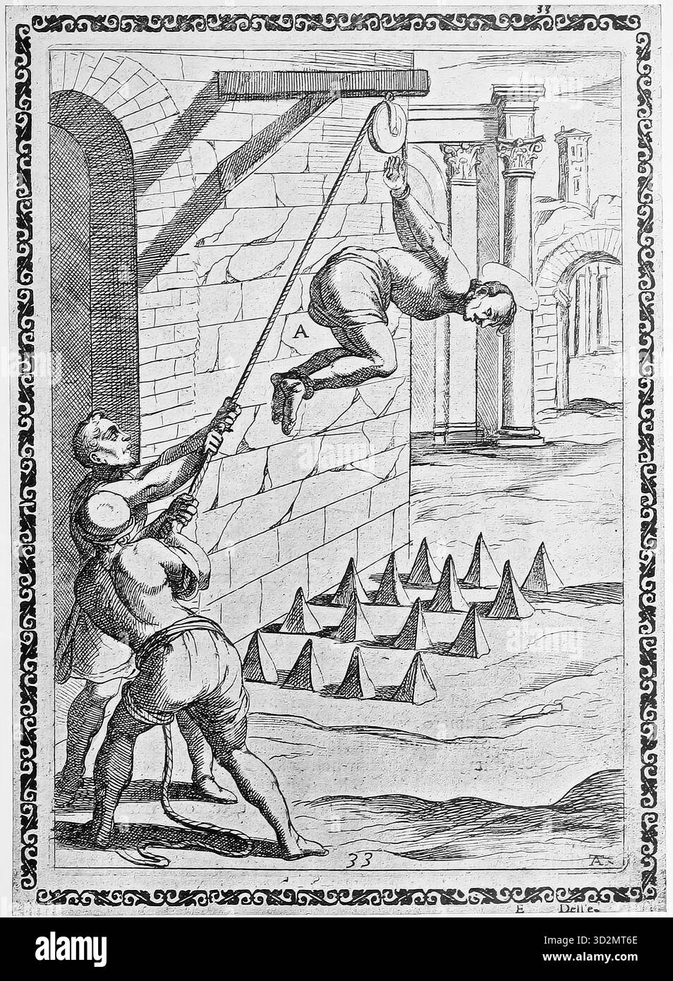 Torture, épreuve, Inquisition, a. personne condamnée, les mains attachées derrière le dos, soulevée en l'air sur une poulie, b. avec poulie, c. poteaux pointus ou cônes sur lesquels la personne condamnée a été lâchée, illustration, reproduction d'un original du XVIe siècle, moyen âge, authentique, fichier restauré pour une utilisation optimale, date exacte de l'original inconnue Banque D'Images
