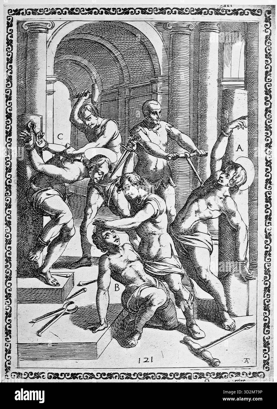 Torture, épreuve, inquisition : a. personne condamnée torturée avec une épine, b. poignardée avec un couteau, c. percée avec des clous. Illustration, reproduction à partir d'un original du XVIe siècle, médiéval, authentique, fichier restauré pour une utilisation optimale, date exacte de l'original inconnue Banque D'Images