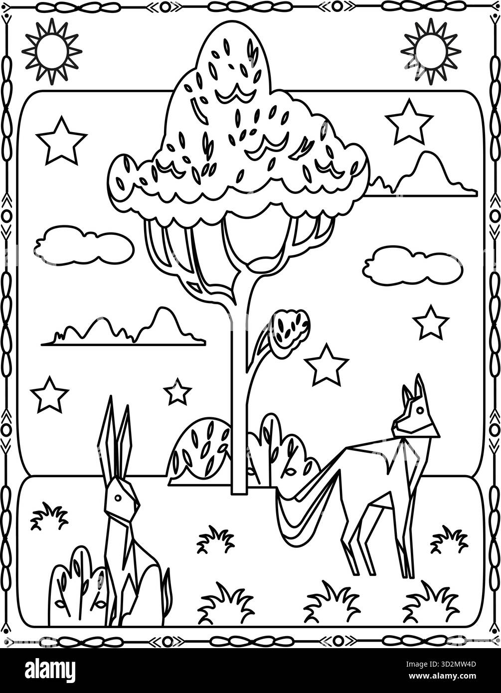 Page de coloration des animaux de la forêt. Renard et lapin sous l'arbre nature Line Art pour enfants. Illustration de Vecteur