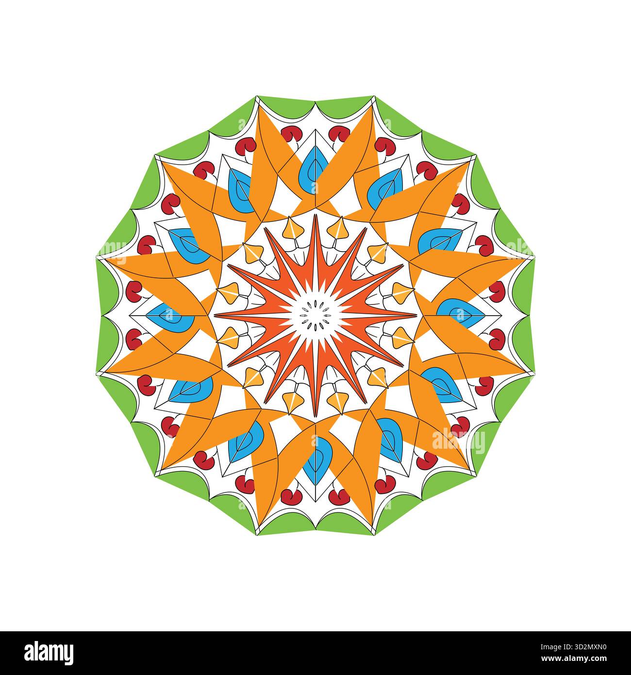 Mandala Starburst vibrant avec pétales orange, bordure vert vif et détails graphiques Illustration de Vecteur