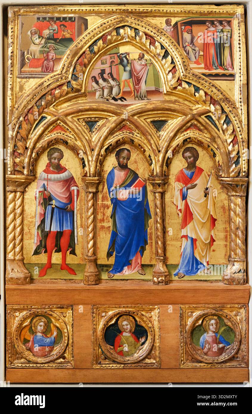 Saints Julian ( ?), Mark, Bartolomew, Stories of Saint Nicholas ; saints Gabriel Archange, Ursula et Lucy, 1370-1380, tempera sur panneau, suiveur de LO Banque D'Images
