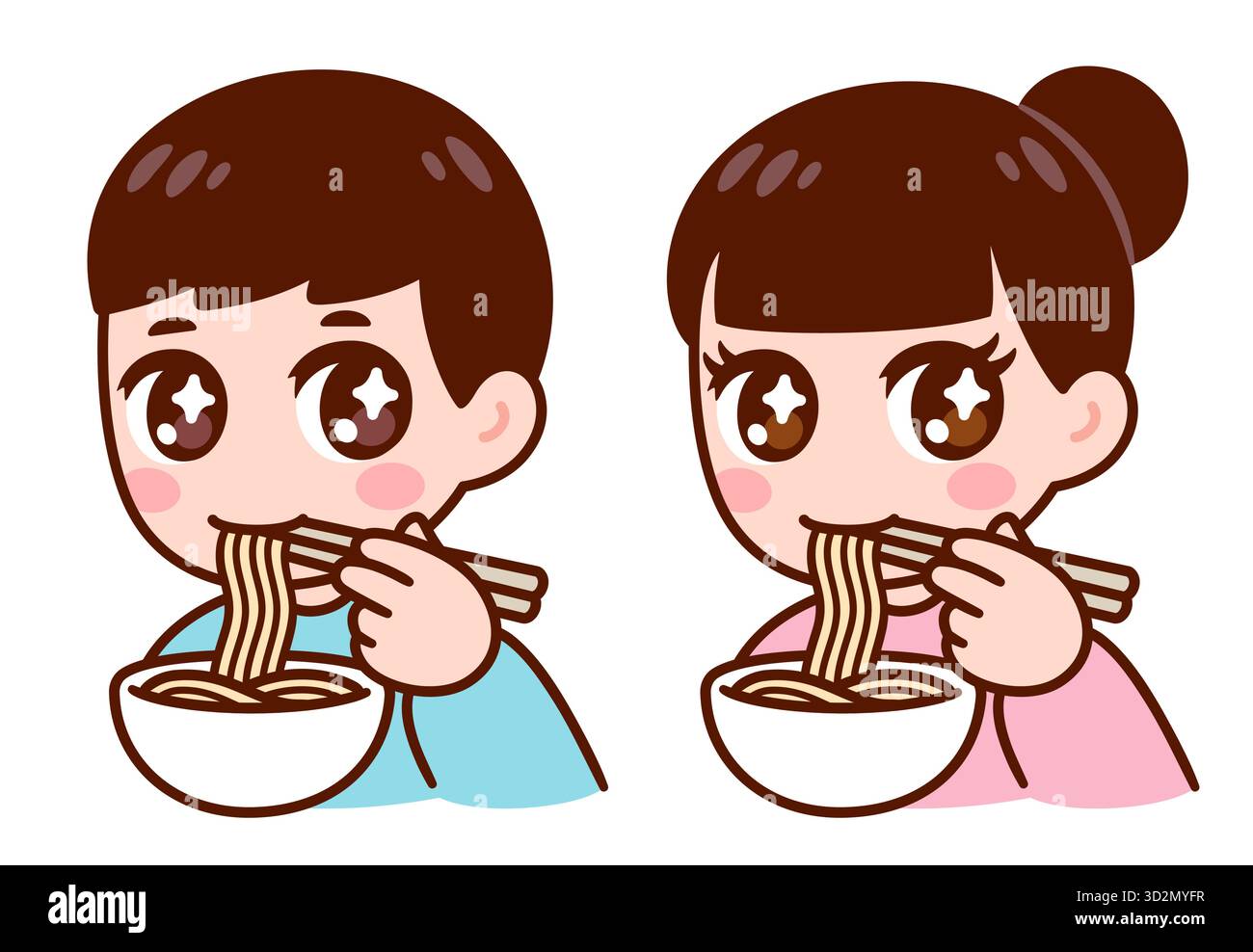 Kawaii Chibi style fille et garçon mangeant des nouilles avec des baguettes. Illustration de clip art vectoriel de personnages animés mignons. Illustration de Vecteur