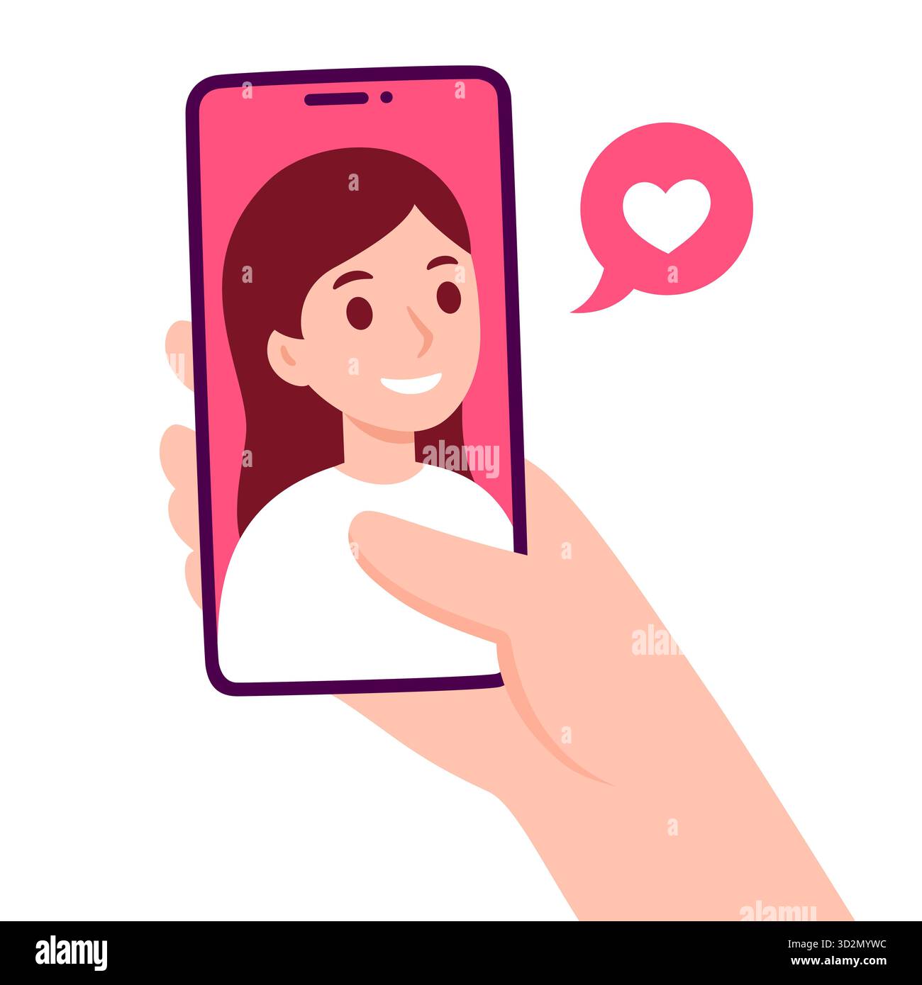 Passez des appels vidéo avec un être cher. Main tenant smartphone avec femme à l'écran. Rencontres en ligne, amitié, famille. Illustration vectorielle de dessin animé plat simple. Illustration de Vecteur