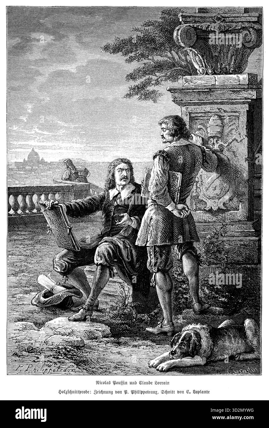 Nicolas Poussin und Claude Lorrain - Holzschnittprobe : Zeichnung von Philippoteaur, Schnitt von Laplante. Poussin et Lorrain conversent sur une terrasse en marbre surplombant une ville antique - probablement Rome. La gravure mêle la sérénité du paysage classique au dialogue tranquille entre deux maîtres. Banque D'Images