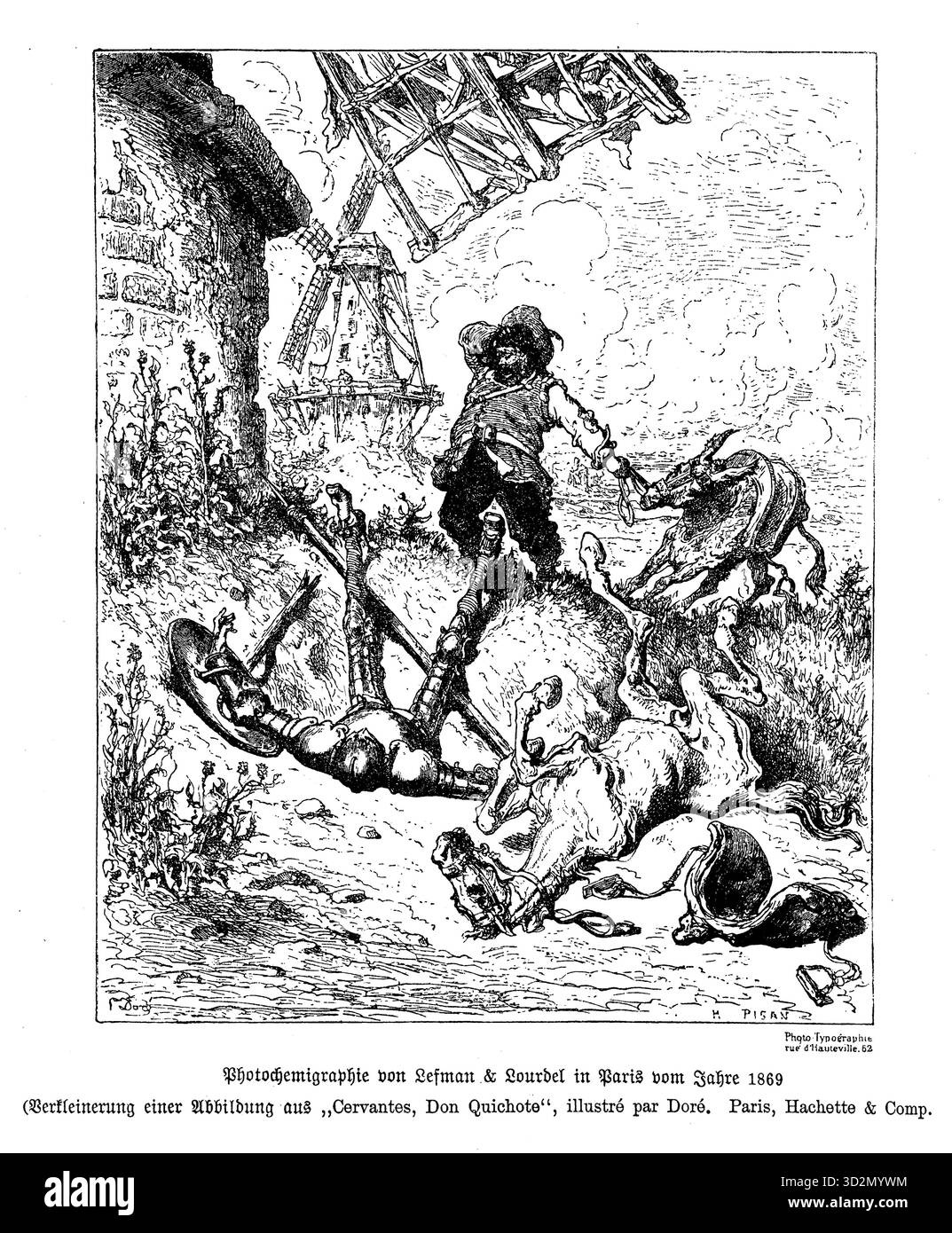 Gustave Doré – illustration pour Don Quichotte : Don Quichotte se trouve sur le sol, jeté de son cheval, tandis que Sancho mène un âne têtu. Un moulin à vent se profile au loin — la vision de Doré de la futilité et du courage obstiné. Banque D'Images