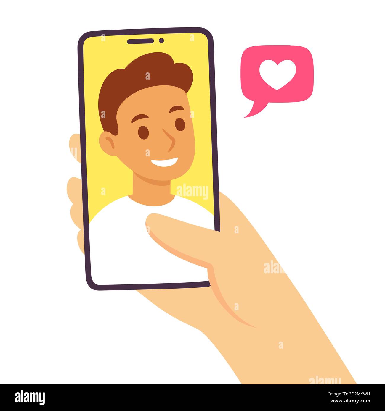 Passez des appels vidéo avec un être cher. Main femelle tenant smartphone avec petit ami sur l'écran. Rencontres en ligne, concept de relation à longue distance. Dessin animé plat ve Illustration de Vecteur