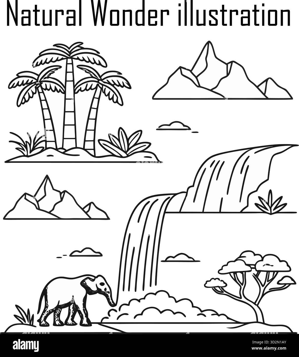 Merveilles naturelles et paysages pittoresques – monuments naturels emblématiques, montagnes, cascades, canyons et formations terrestres Illustration de Vecteur