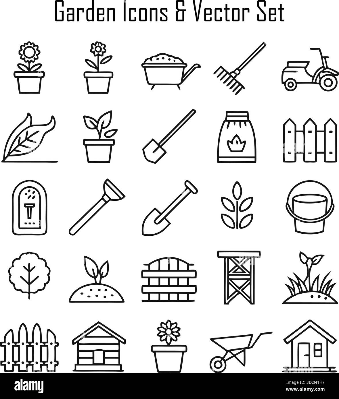 Icônes de jardin et concepts de nature extérieure – outils de jardinage, plantes, aménagement paysager, arrière-cour, style de vie écologique Illustration de Vecteur