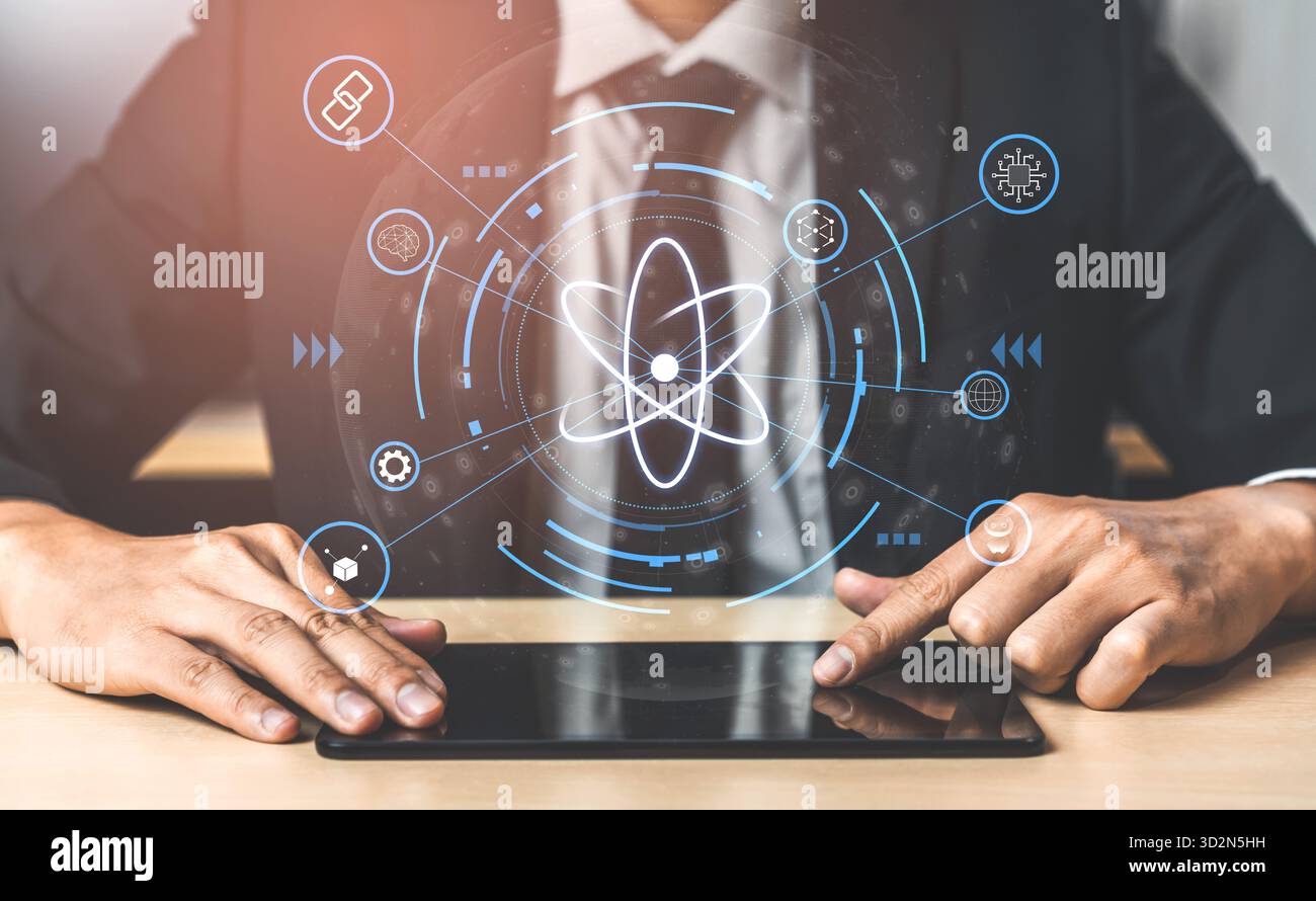 L’écosystème de la technologie quantique comme cœur des innovations futures. La science quantique alimentera les avancées en IA, blockchain et robotique. Motif Banque D'Images