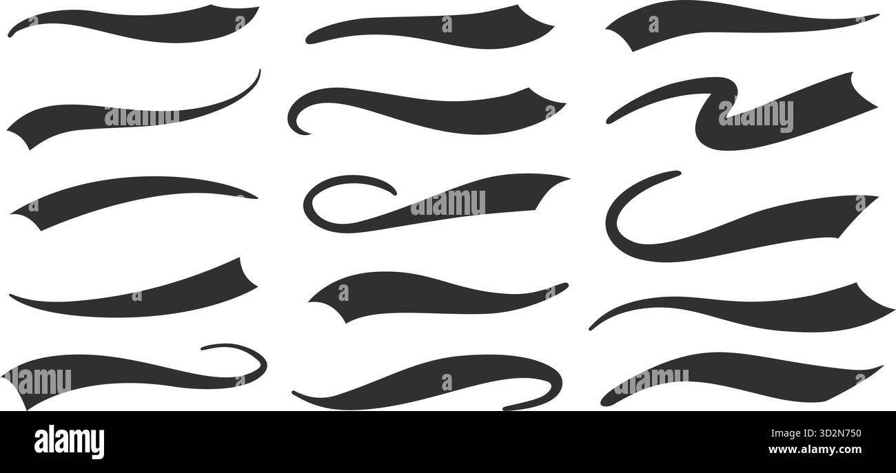 Queues vectorielles Swoosh pour logo de baseball. Lignes de police Swash pour le design sportif. Décoration vintage calligraphique. Coups de pinceau rétro. Courber les rubans et Illustration de Vecteur