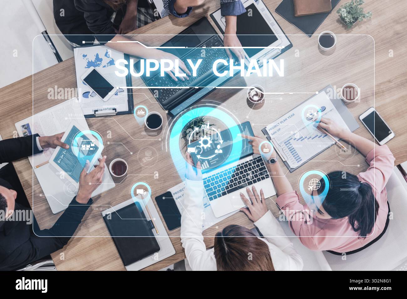 Processus de la chaîne logistique avec logistique, transport et distribution axés sur les données. améliore les opérations. La chaîne d'approvisionnement améliore l'efficacité. Cha. D'alimentation Banque D'Images