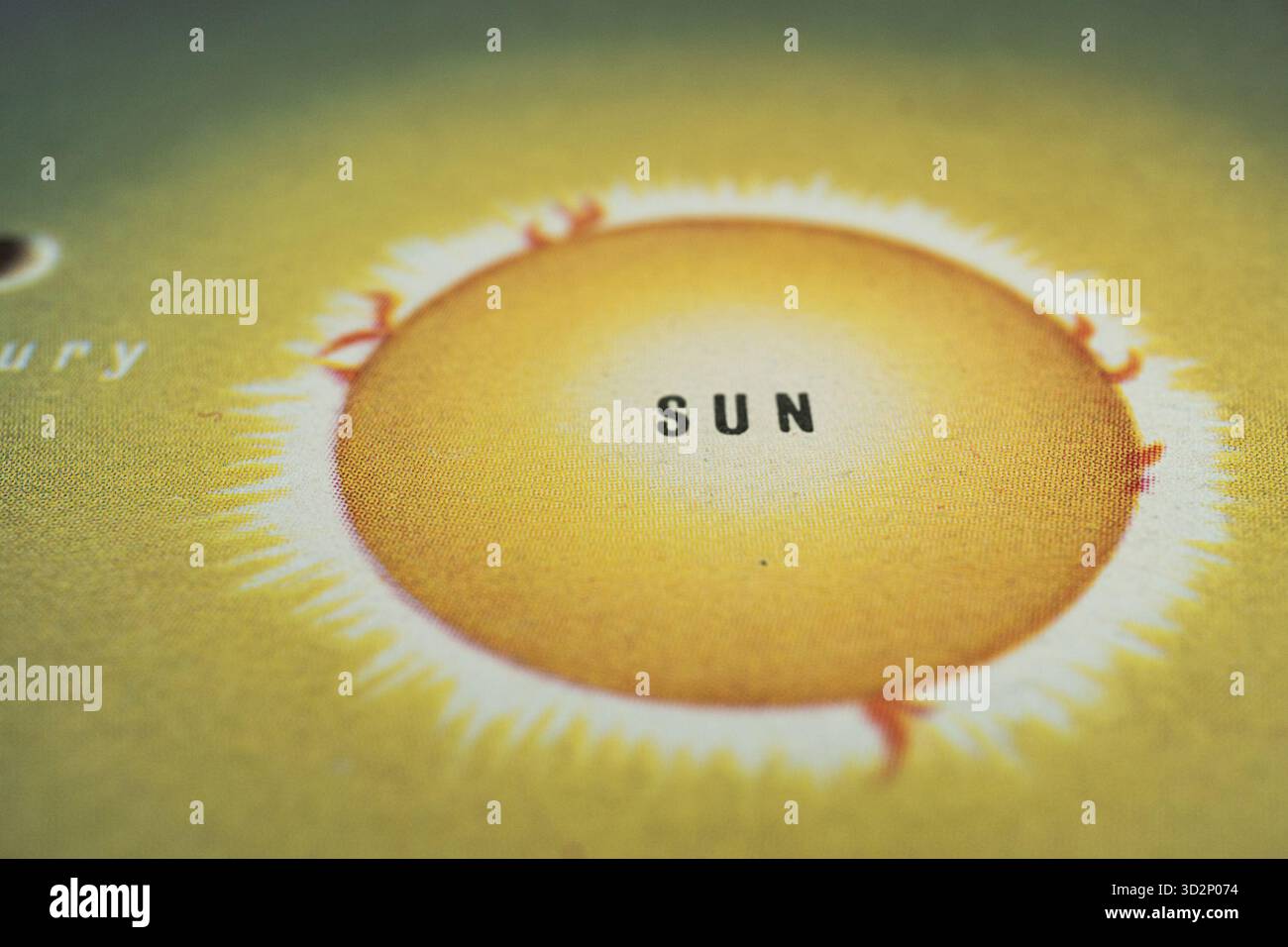 Gros plan d'une carte céleste illustrant un soleil stylisé et des rayons au centre, ainsi que des étiquettes Lune et satellite Banque D'Images