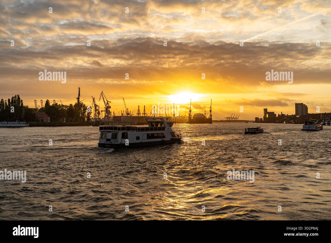 Grues portuaires de Hambourg et bateaux au coucher du soleil sur l'Elbe Banque D'Images