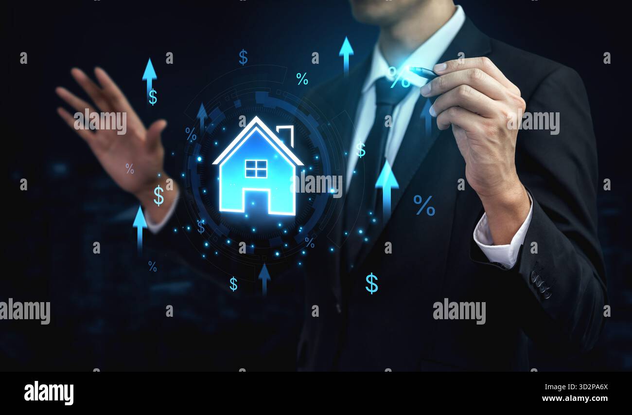 Concept d'investissement immobilier et d'un marché immobilier en hausse. L'augmentation de la valeur de la propriété est illustrée par la croissance des taux hypothécaires, des prix et de l'ensemble Banque D'Images