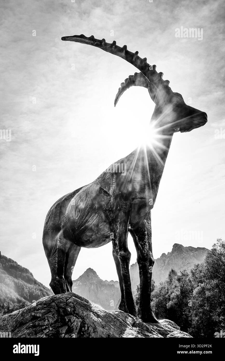 Vue de la statue de chèvre de montagne près du lac Jasna, station Kranjska Gora, une ville de sports d'hiver dans les Alpes juliennes, Slovénie, Europe Banque D'Images