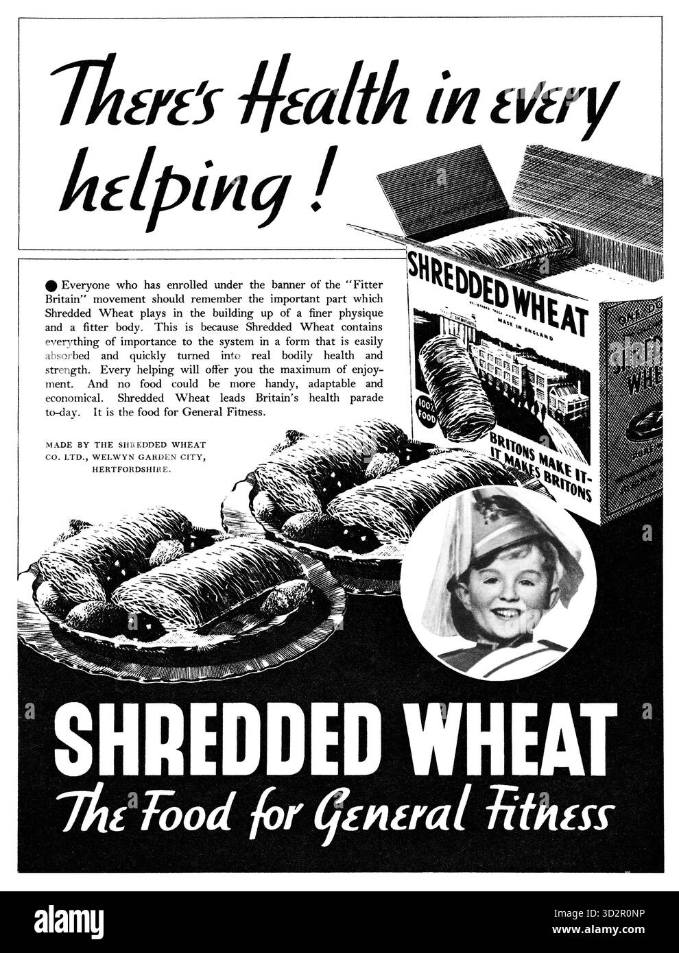 1937 La publicité pour les céréales de petit déjeuner Shredded Wheat. Banque D'Images
