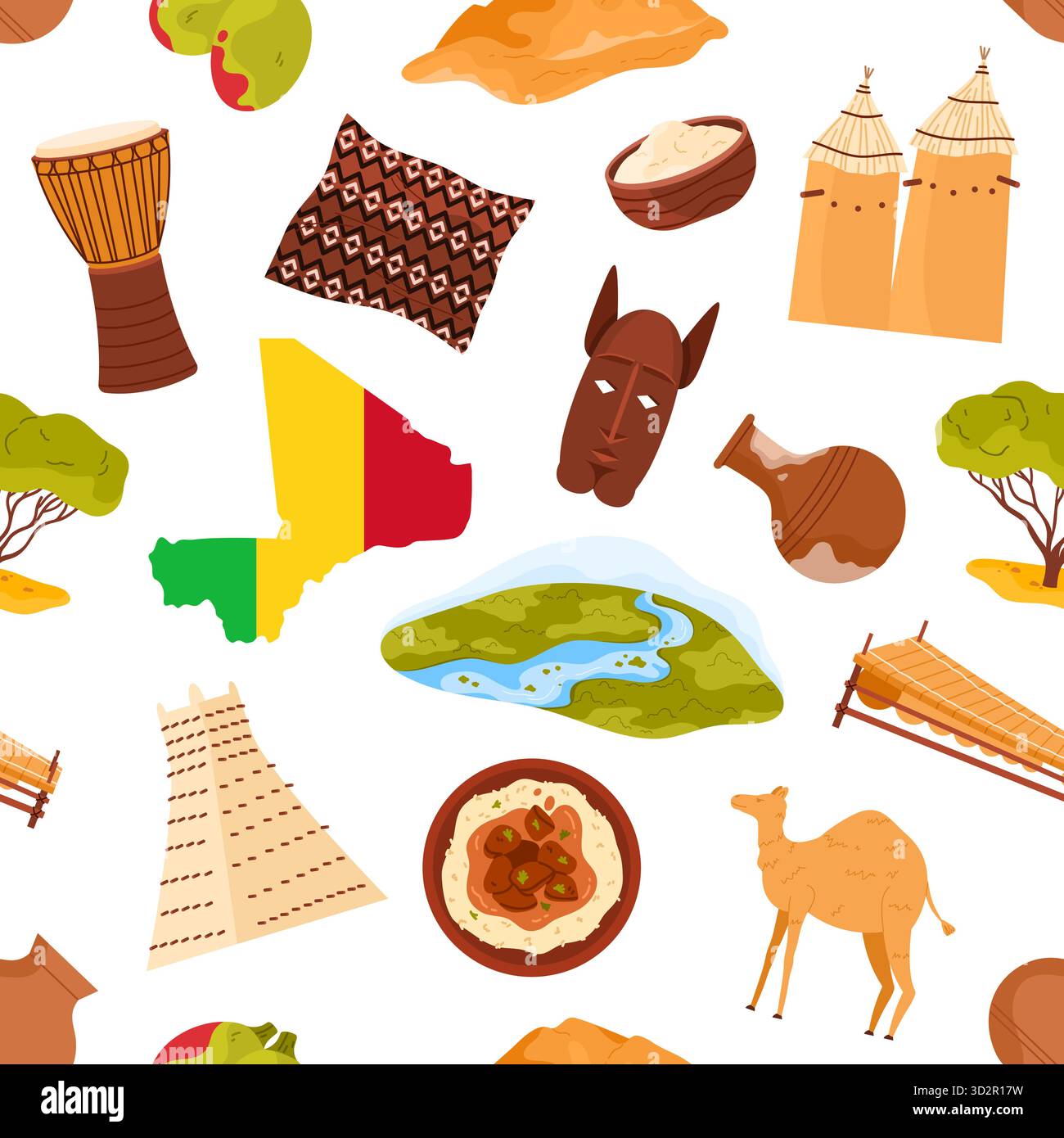 Les éléments traditionnels du Mali, y compris la carte, le masque, le tambour, la nourriture et l'architecture disposés dans un modèle homogène pour les projets de conception culturelle et éducative illustration vectorielle Illustration de Vecteur