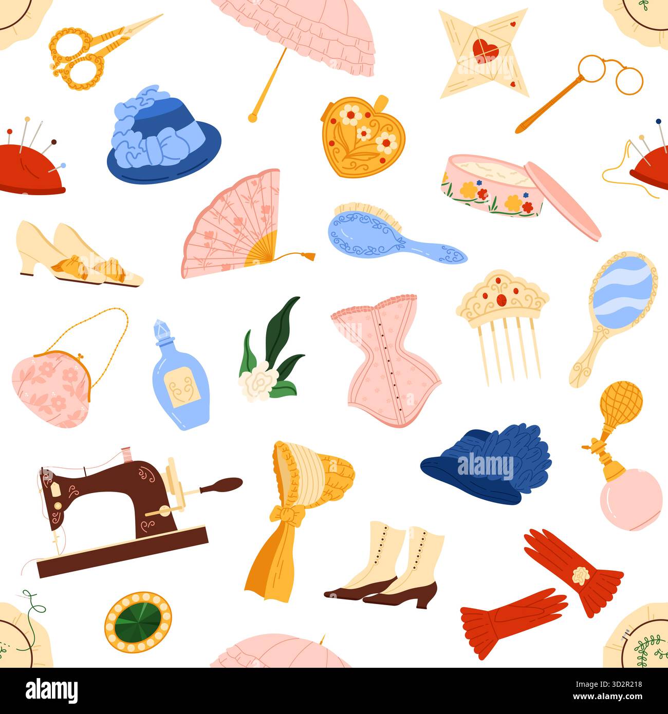 Accessoires de femme victorienne vintage, y compris chapeaux, gants, corsets, chaussures, fans, et les articles de couture disposés dans un motif répétitif sans couture sur l'illustration vectorielle de fond blanc Illustration de Vecteur