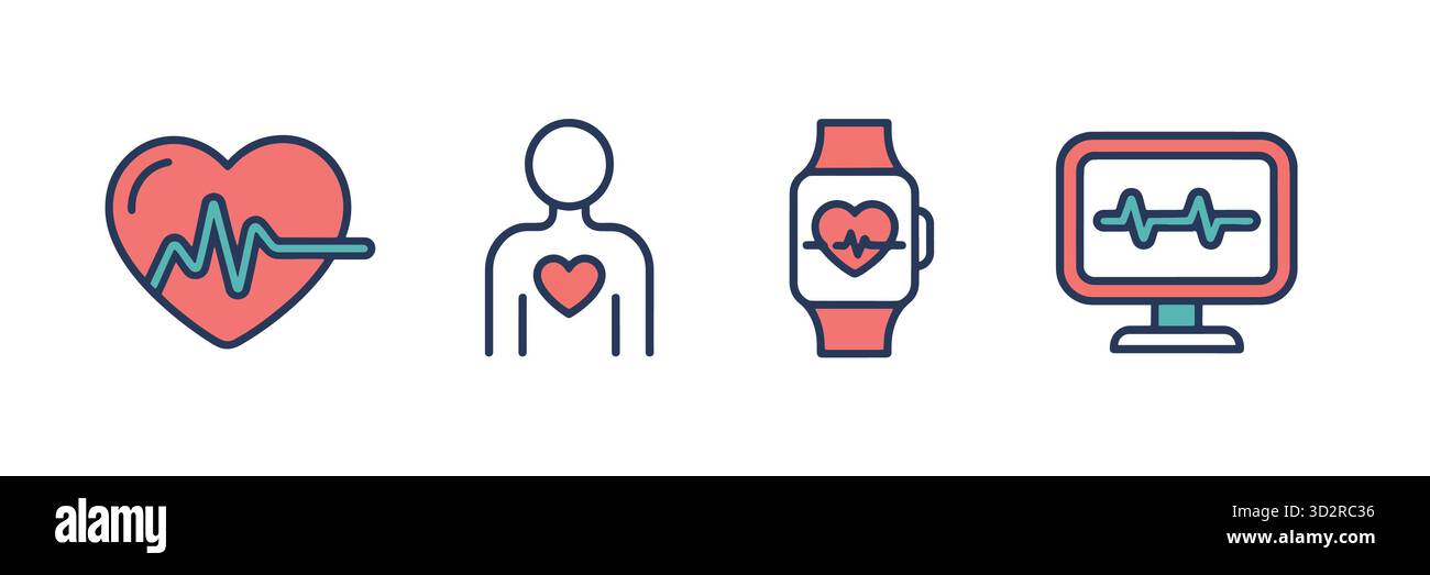 Icônes de la technologie de surveillance de l'état de santé surveillance de la fréquence cardiaque et suivi du bien-être Illustration de Vecteur