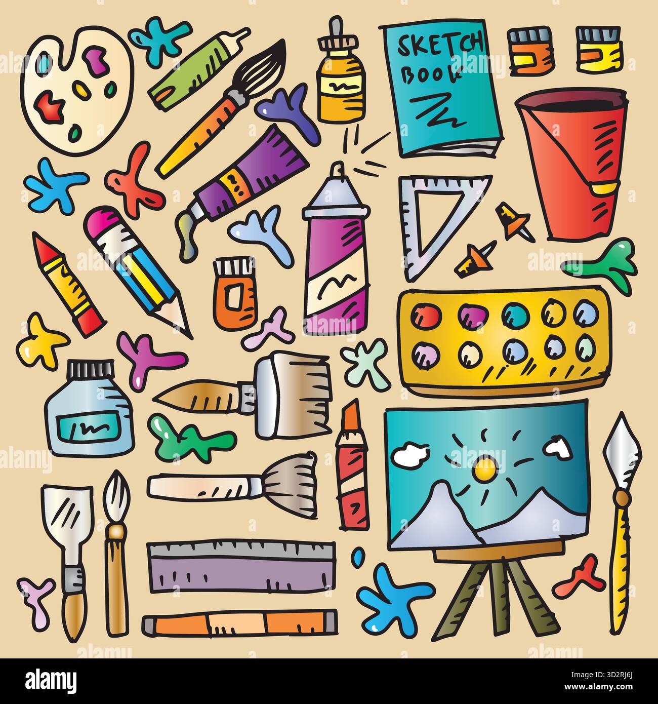 Ensemble d'outils et d'objets d'art dessinés à la main. Illustration vectorielle. Illustration de Vecteur