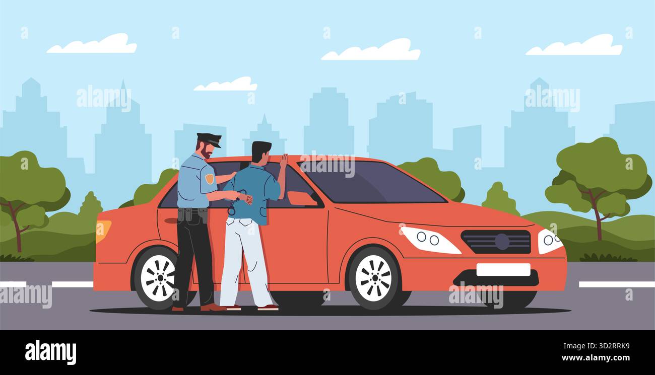 Procédure d'arrestation criminelle. Policier en uniforme menottes un intrus, agent avec bandit, violation des règles de la circulation, vol de voiture, chauffeur d'automobile Illustration de Vecteur