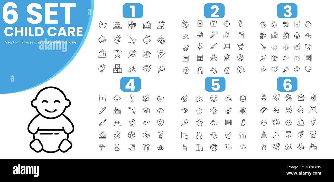 Ensemble d'icônes de ligne liées à la garde d'enfants, journée internationale de l'enfant, droits de l'enfant, parentalité. Collection d'icônes de contour. Contour modifiable. Illustration de Vecteur