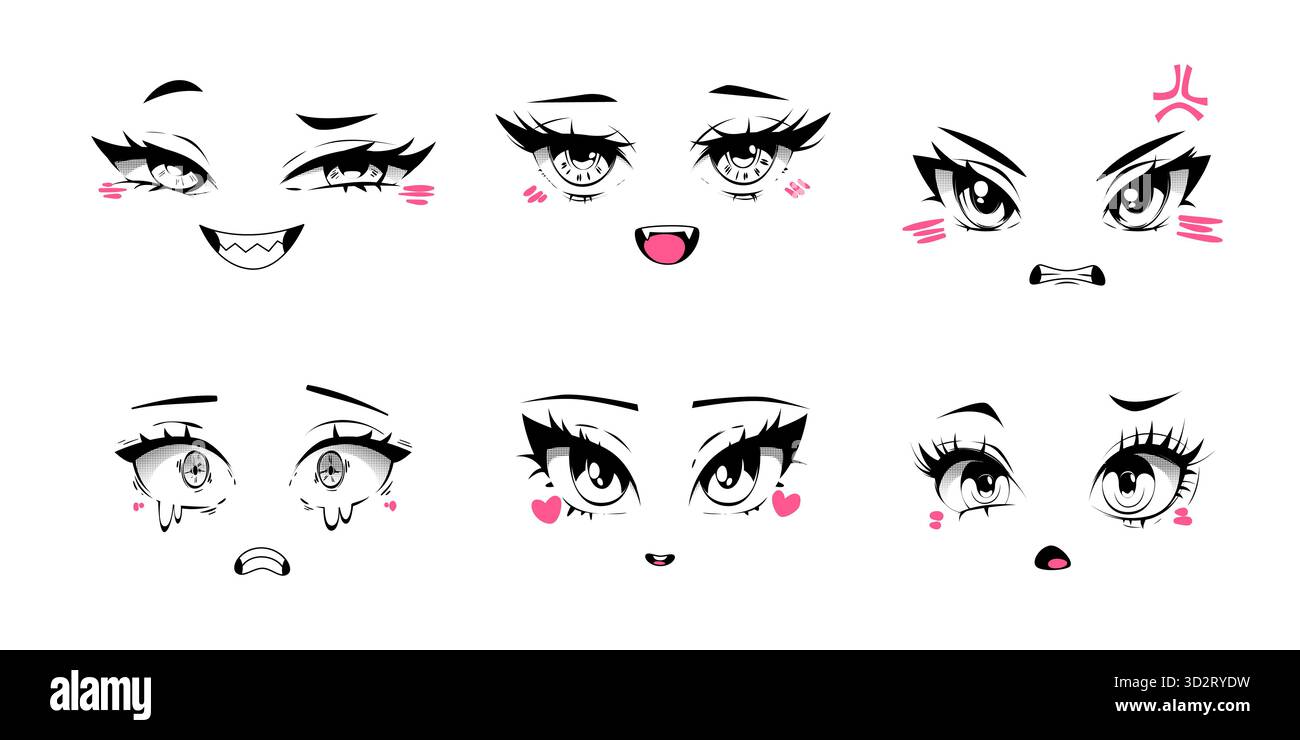 Expressions faciales de personnage d'anime définies sur fond blanc. Illustration vectorielle de dessin animé du visage féminin mignon de style kawaii avec de grands yeux et la bouche, emoji de femme heureuse, triste, en colère, effrayée et pleurante Illustration de Vecteur