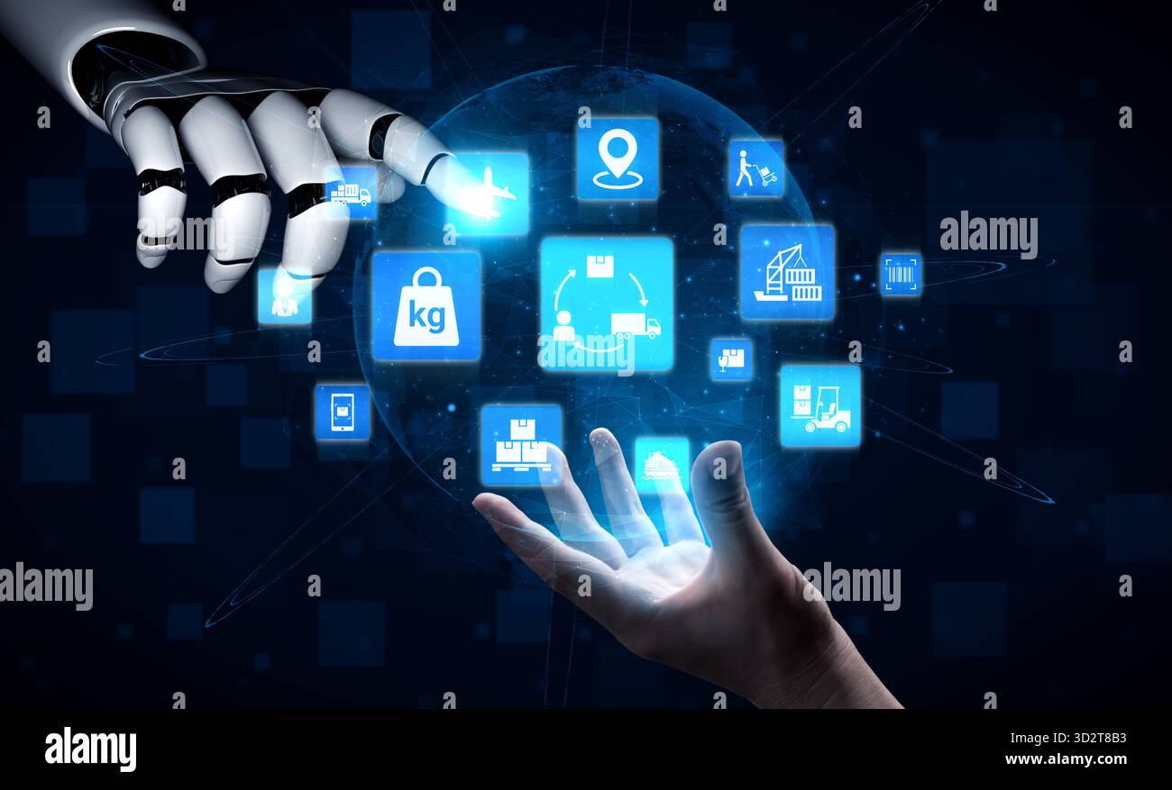 L’intelligence artificielle prend en charge le suivi, la chaîne d’approvisionnement, l’entrepôt et l’expédition de loEnticeics avec automatisation et efficacité globale. Attirez Banque D'Images