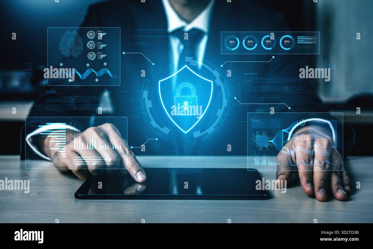 Un tableau de bord futuriste de cybersécurité pour un centre d’opérations de sécurité (SOC). Le système surveille le réseau, analyse les données à la recherche de menaces et fournit Banque D'Images