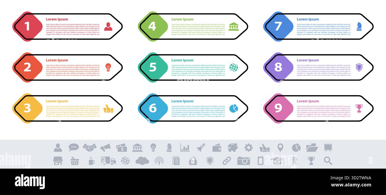 Infographic design business concept vector illustration avec 9 étapes ou options ou processus représentent le flux de travail ou d'un diagramme ou bannière bouton web Illustration de Vecteur