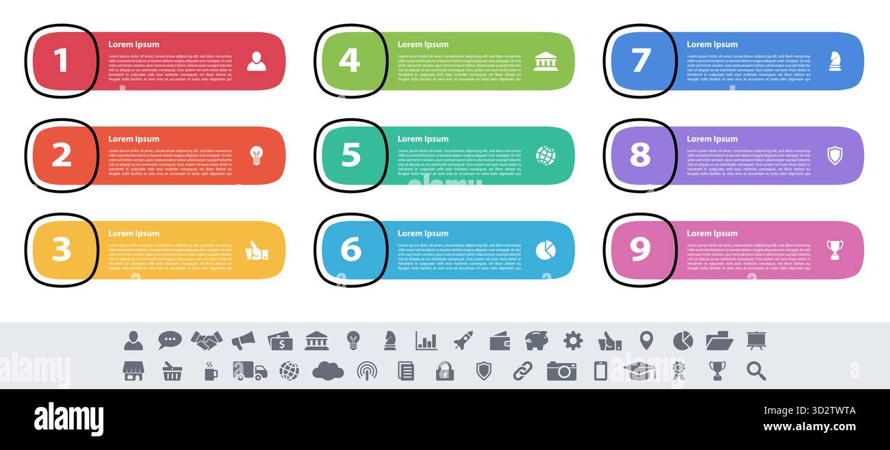 Infographic design business concept vector illustration avec 9 étapes ou options ou processus représentent le flux de travail ou d'un diagramme ou bannière bouton web Illustration de Vecteur